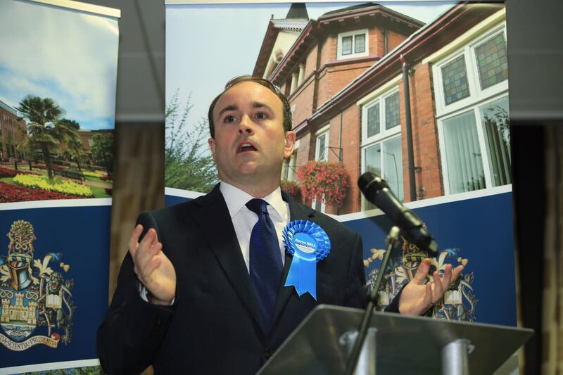 Conservative candidate Aaron Bell speaks after he is declared the winner of the Newcastle-Under-Lyme seat in the 2019 General Election