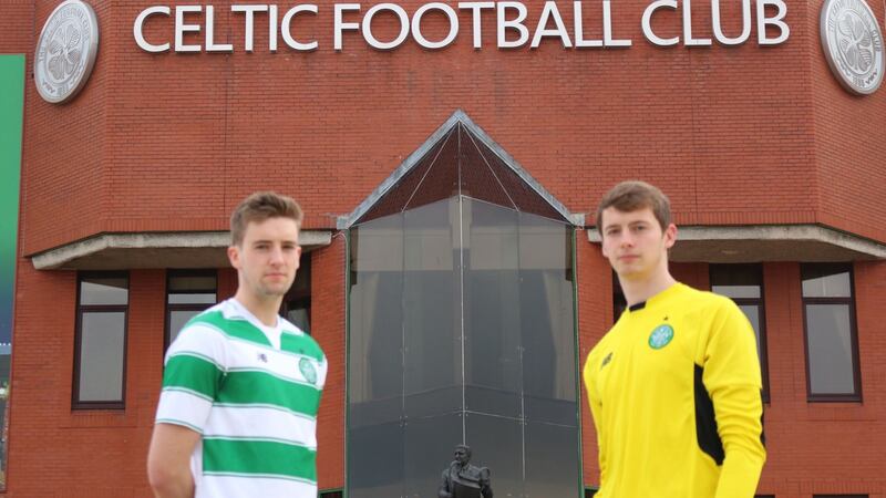 Conor Hazard from Downpatrick (right), pictured at Celtic Park with former clubmate Fiacre Kelleher.