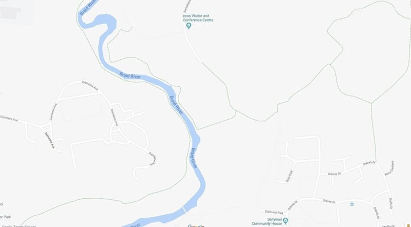 A map showing the close proximity of the Ballykeel area (right), where Kayden had been playing, to the Braid River, near the Ecos Centre where it is believed he fell into the water. 