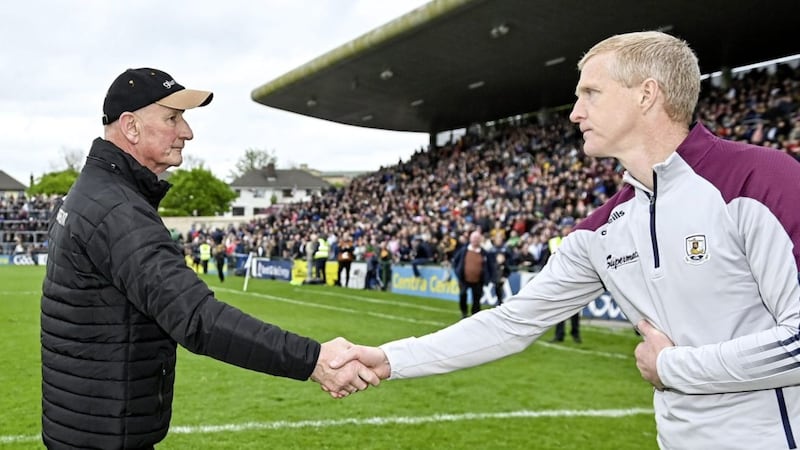 1 May 2022; Kilkenny manager Brian Cody, left, and Galway manager Henry Shefflin shake hands after the Leinster GAA Hurling Senior Championship Round 3 match between Galway and Kilkenny at Pearse Stadium in Galway. Photo by Brendan Moran/Sportsfile 