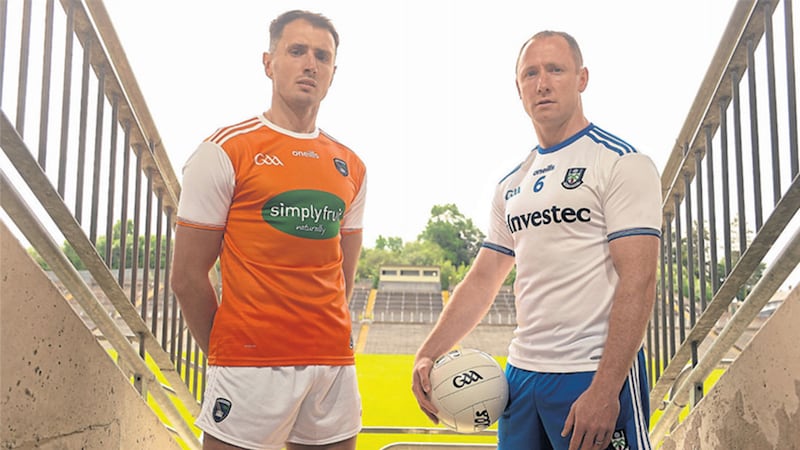Armagh&rsquo;s Stephen Sheridan (left) and Monaghan&rsquo;s Vinny Corey during a media event yesterday ahead of this Saturday&rsquo;s All-Ireland Senior Football Championship Qualifying clash in St Tiernach&rsquo;s Park, Clones. Picture by Sportsfile&nbsp;