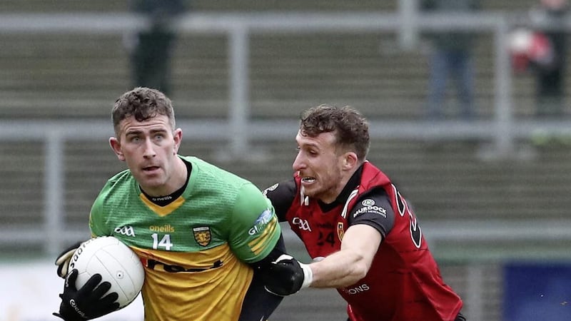 Down forward Barry O&rsquo;Hagan has been ruled out for the rest of the season after suffering a cruciate knee ligament injury in the first half of Saturday&rsquo;s dramatic late victory over Ulster rivals Antrim at Pairc Esler. Picture by Philip Walsh 