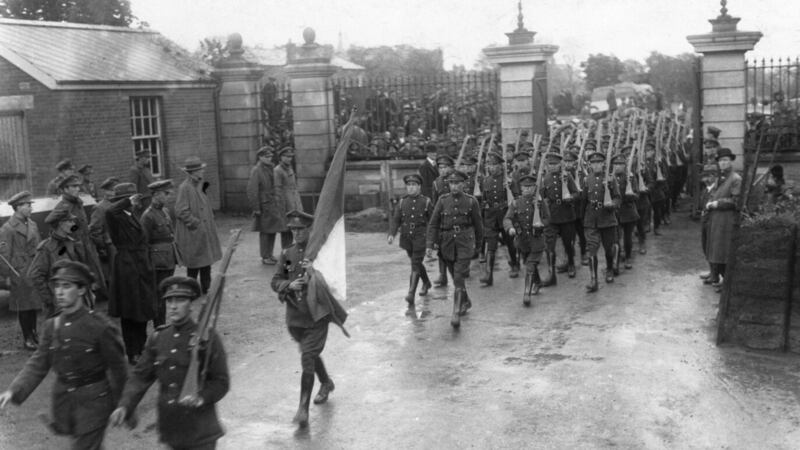 May 1922:  General Eoin O'Duffy saluting soldiers of the Free State Army, as they march into the Portobello Barracks in Dublin. Picture by Topical Press Agency/Getty Images