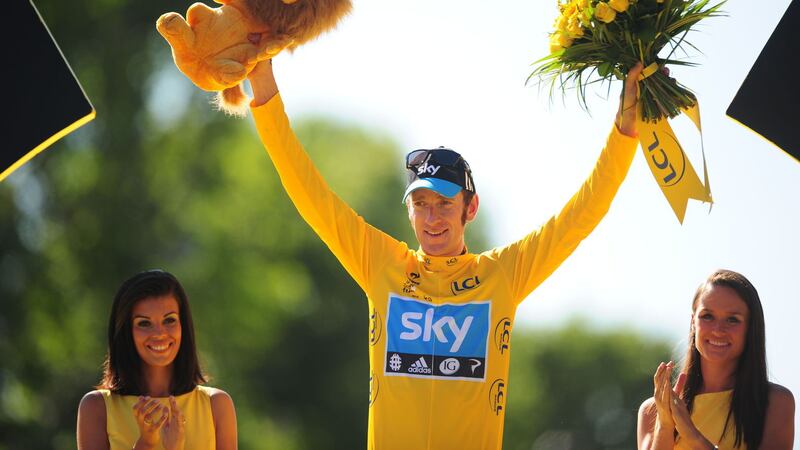 Bradley Wiggins celebrates on the winners podium after winning the 2012 Tour de France in Paris&nbsp;