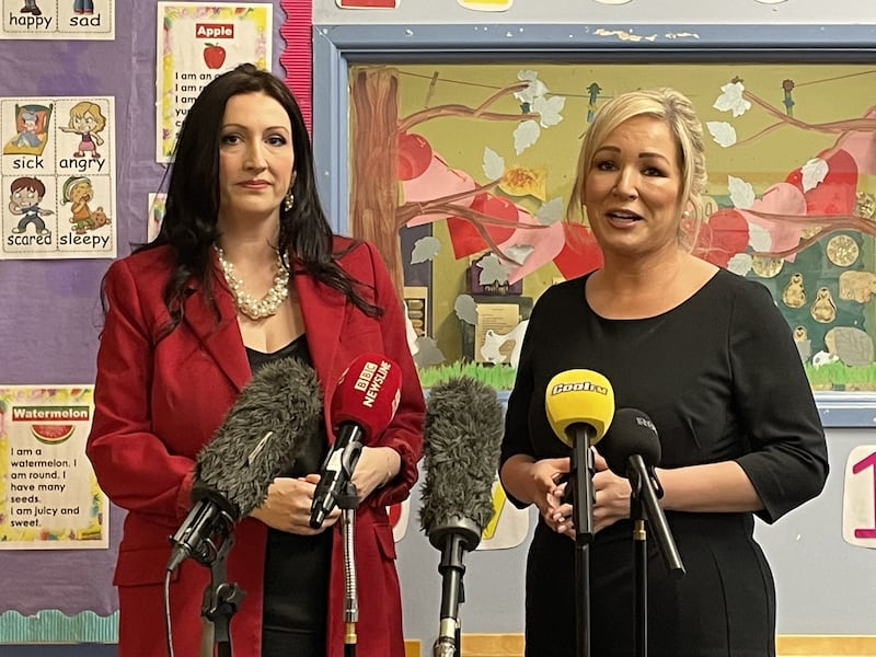 Stormont deputy First Minister Emma Little Pengelly (left) and First Minister Michelle O'Neill (right) speak to the media during a visit to a childcare facility