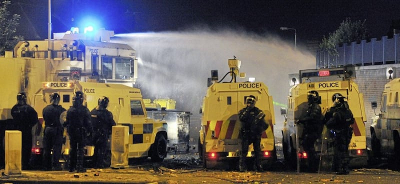 Water cannon used on rioters in north Belfast in 2012. Picture by Justin Kernoghan/ Photopress 