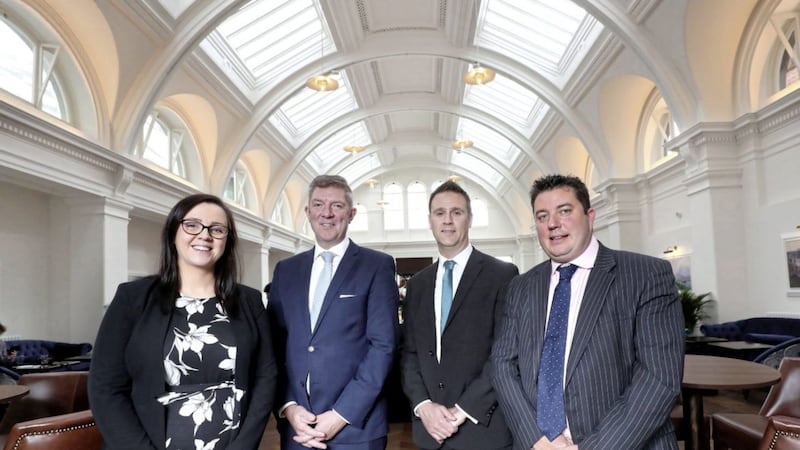 Ulster Bank&#39;s Claire McKeown with (from left)Adrian McNally of Titanic Hotel Belfast, Gordon Davidson of Ulster Bank, and James Eyre of Titanic Hotel Belfast at the iconic new hotel. 