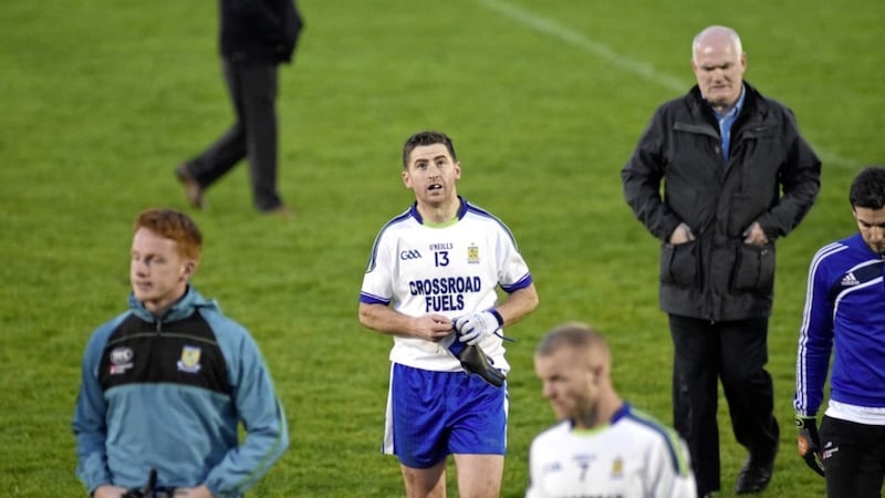 Conleith Gilligan looks to the skies as he leaves the pitch for the final time as a player following Ballinderry&#39;s championship defeat by Glen at Owenbeg last month. Picture by Mary K Burke 