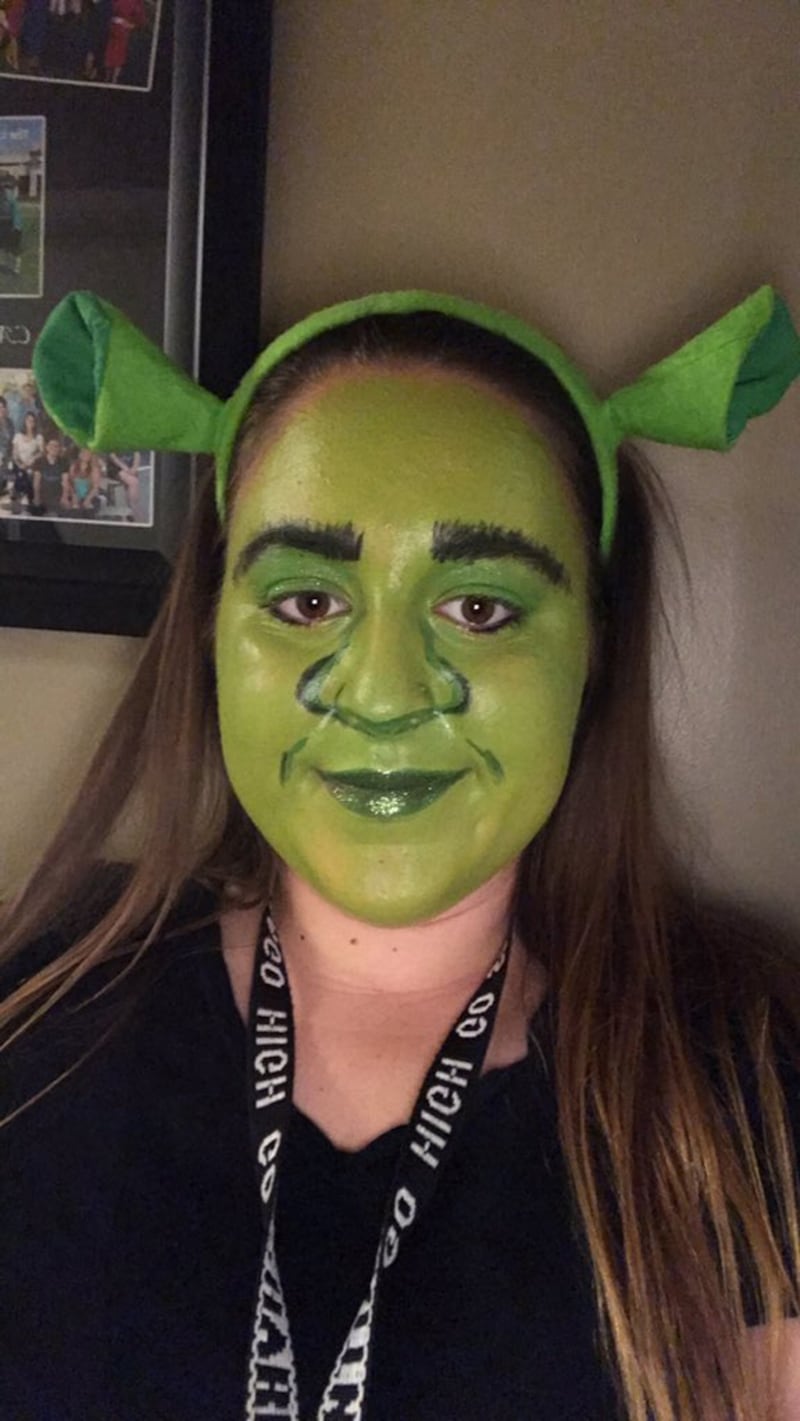 Make-up student Haylee Mazmanian pulled over by police was wearing this full Shrek face (Haylee Mazmanian/PA)