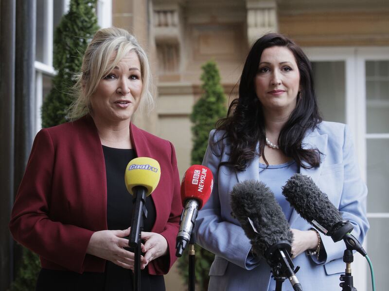 Simon Harris will meet First Minister Michelle O’Neill, left, and deputy First Minister Emma Little-Pengelly