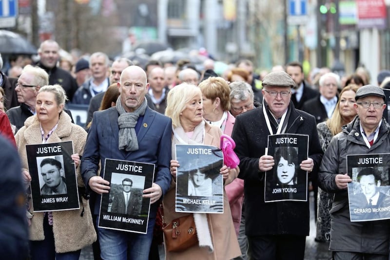 Families of those who died march through the Bogside in Derry ahead of the announcement in March this year that a British soldier was set to be prosecuted&nbsp; over the deaths of two people on Bloody Sunday in the city in January 1972. Picture by Liam McBurney/PA Wire
