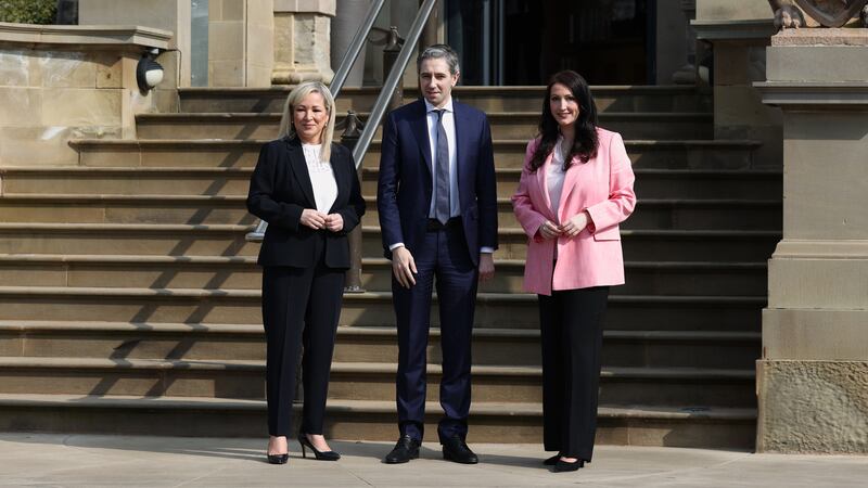 Taoiseach Simon Harris being greeted on the steps of Stormont Castle by First Minister Michelle O'Neill and deputy First Minister Emma Little-Pengelly as he makes his first official visit to Northern Ireland. Picture by Liam McBurney/PA Wire