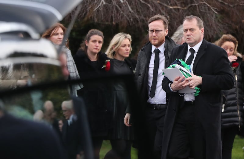 Andrew McGinley (right) during the funeral of his three children Conor, Darragh and Carla McGinley at the Church of the Holy Family in Rathcoole, Dublin. Picture by Niall Carson/PA Wire&nbsp;