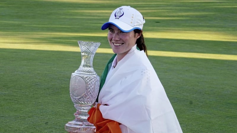 Cavan golfer Leona Maguire holds the trophy after inspiring Europe to defeat the United States at the Solheim Cup golf tournament. She has encouraged &#39;little girls&#39; to chase their &#39;big dreams&#39;. Picture by AP Photo/Carlos Osorio 