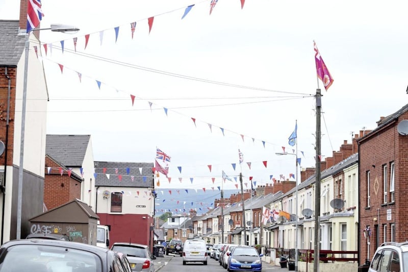 Loyalist flags including UVF flags on Blackwood Street in south Belfast 