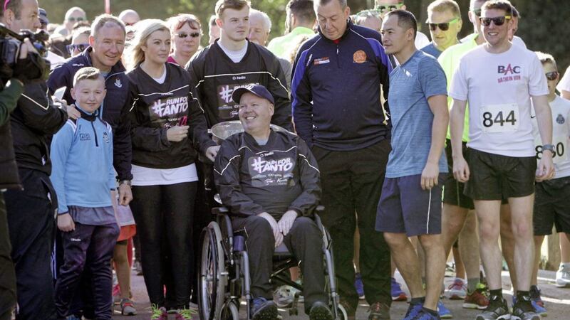 Anto Finnegan and his wife Allison, along with Dublin manager Jim Gavin and former player Jason Sherlock, at the Run For Anto event in Belfast's Falls Park. Picture by Ann McManus