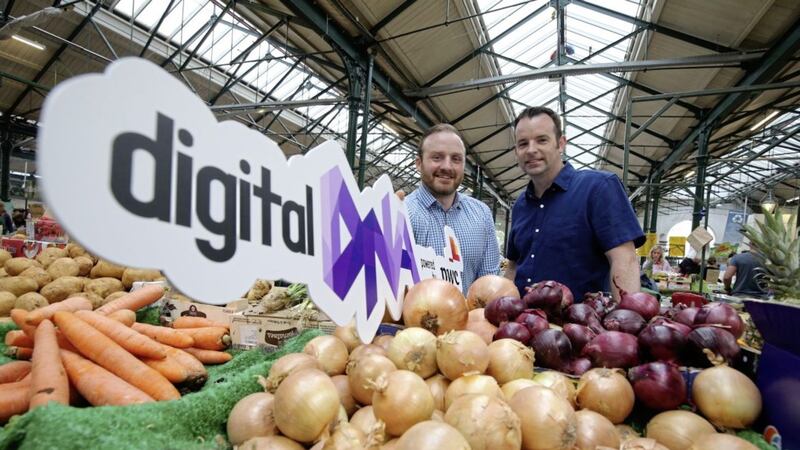 Simon Bailie, CEO of Digital DNA is pictured St George&#39;s Market with Seamus Cushley, director of Ventures and Blockchain at PWC ahead of Digital DNA, which takes place on June 18 and 19 