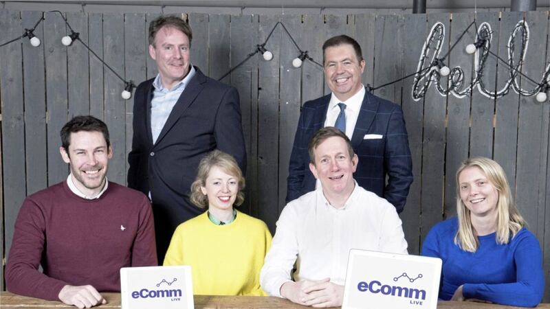 Launching the first eComm Live event are Dan Loughlin from IRP Commerce, Mark Lilley from Groundswell, Lyndsey Doherty of Origin Digital, Kevin Traynor, founder of eComm Live, Jenny Ervine from Airpos and Glyn Roberts of Retail NI 