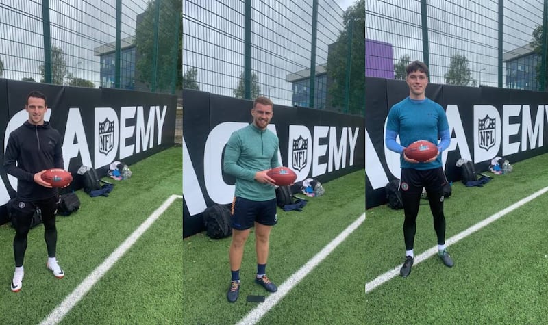 Tyrone's Niall Morgan, Wicklow's Mark Jackson and Down's Charlie Smyth at Loughborough University for the NFL international Player Pathway combine. Picture by Tadhg Leader