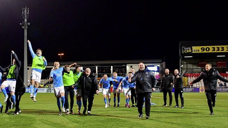 Ballymena players and management after the Irish Cup semi-final win over Seaview on Friday   Picture: Andrew McCarroll/ Pacemaker Press 