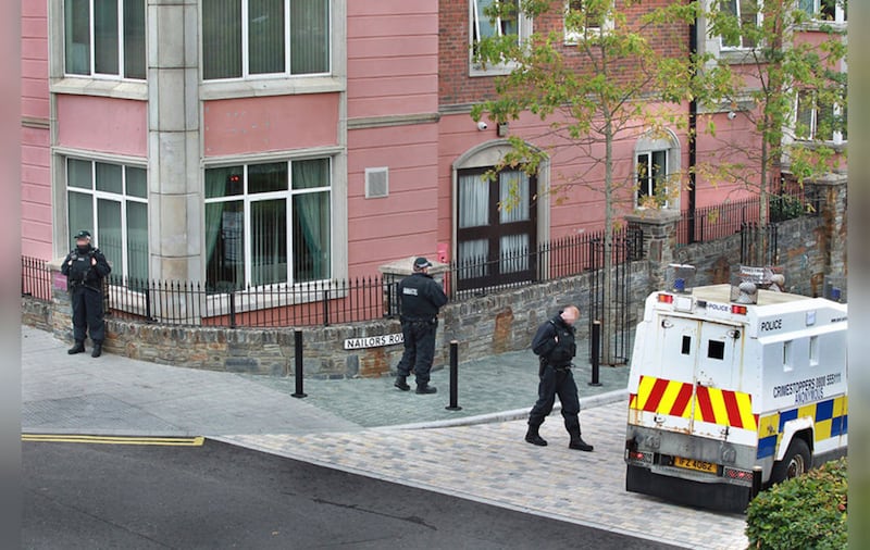 &nbsp;Police guard an interface at the corner of Nailor's Row and Bishop Street in Derry. Picture by Margaret McLaughlin