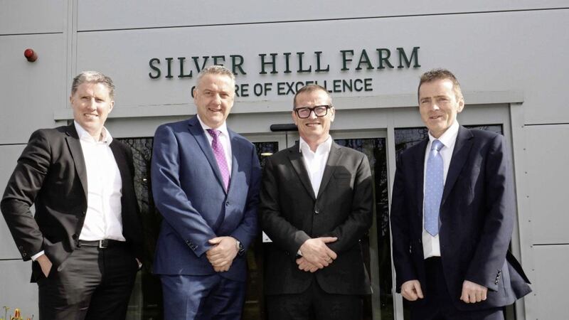 Miche&aacute;l Briody (left), chief executive of Silver Hill Farm, with (from left) Trevor Lockhart, chief executive Fane Valley Group, Stuart Steele, managing director Silver Hill Farm; and Sean McGreevy, Fann Valley group finance officer. Photo: Peadar McMahon 