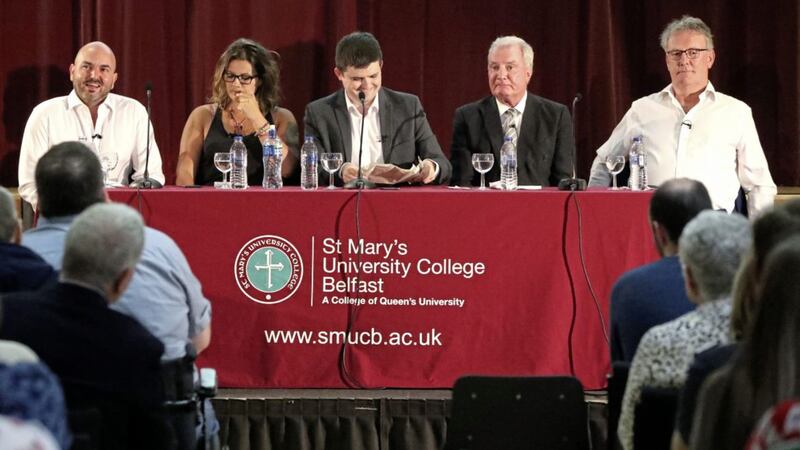 A panel of, left to right, David Honeyford, Sophie Long, facilitator David McCann, Dr Jim Dornan and Mike Nesbitt discussed the future of unionism at a F&eacute;ile an Phobail debate last week. Picture by Declan Roughan 