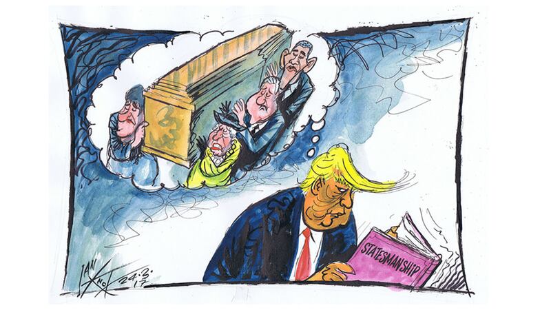 Ian Knox cartoon 23/03/2017: Martin McGuinness's funeral is attended by ex-president Bill Clinton, Irish president Michael D Higgins, Arlene Foster, Peter Robinson and other Unionist leaders. Queen Elizabeth and ex-president Obama send messages of condolence. Arlene Foster receives a spontaneous round of applause&nbsp;
