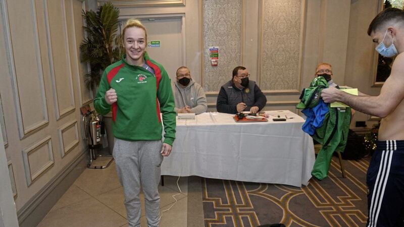 Dundalk boxer Amy Broadhurst, who is affiliated to the St Bronagh&#39;s club in Rostrevor, weighed in for her first crack at the Ulster Elites on Sunday, and will face Christine Gargan in Thursday night&#39;s 60 kilo final at Girdwood Community Hub. Picture by Mark Marlow 