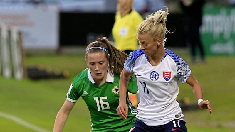 Megan Bell in action in a World Cup qualifier in 2019 for Northern Ireland against Slovakia&#39;s Patricia Hmirova. Pic Philip Walsh 