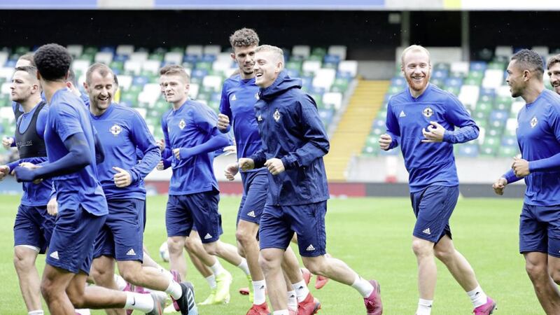 Northern Ireland players training for the Euro 2020 qualifier against Germany.<br /> Photo by David Maginnis/Pacemaker Press