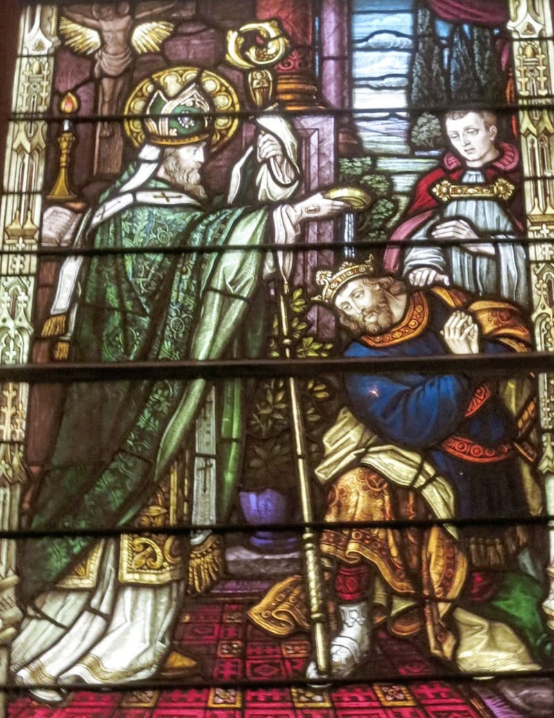 St Patrick features in this stained glass window in St Patrick&#39;s Church, Columbus, Ohio. It depicts the baptism of Oengus, King of Cashel. 