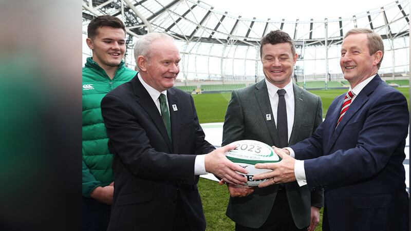 Former Ireland international Brian O'Driscoll (centre) with Deputy First Minister Martin McGuinness (left) and Taoiseach Enda Kenny at the Aviva Stadium in Dublin for the announcement of details for Ireland's bid to host the 2023 Rugby World Cup&nbsp;