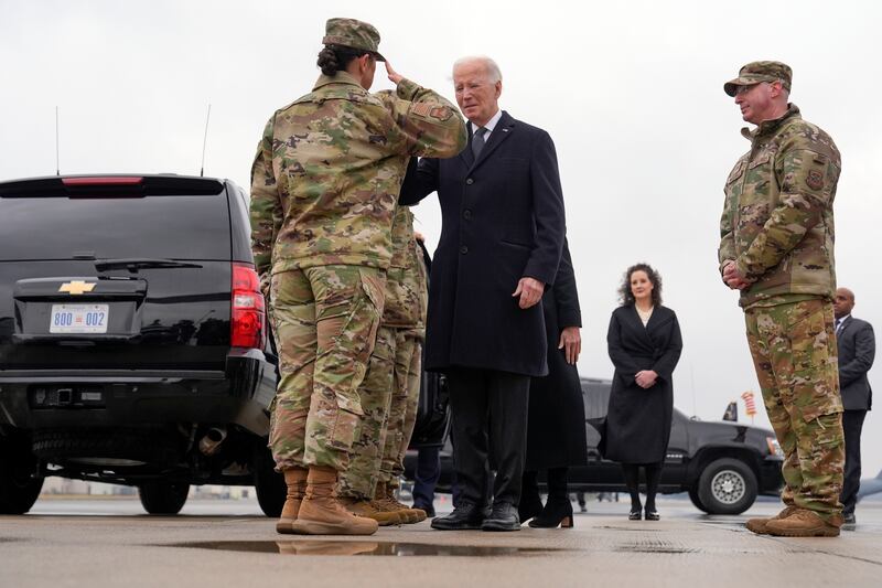 It is the second dignified transfer Joe Biden has attended as president (Alex Brandon/AP)
