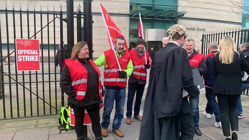 Nipsa members protesting outside Court in Belfast today. Picture by Hugh Russell&nbsp;
