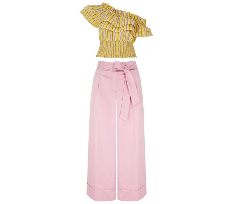 River Island Yellow Stripe One Shoulder Shirred Crop Top, &pound;35; V by Very Pink Wide Crop Trouser, &pound;28 