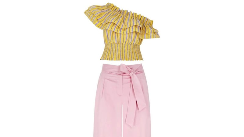 River Island Yellow Stripe One Shoulder Shirred Crop Top, &pound;35; V by Very Pink Wide Crop Trouser, &pound;28 