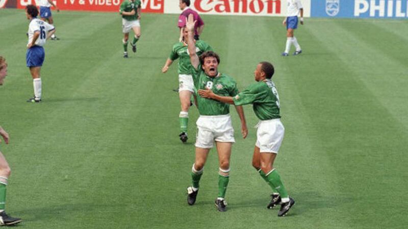 Ray Houghton celebrates after scoring against Italy in 1994 