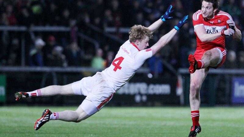 Tyrone's Hugh Pat McGeary tries to block Derry's James Kielt during last Saturday night's Dr McKenna Cup final <br />Picture by Philip Walsh
