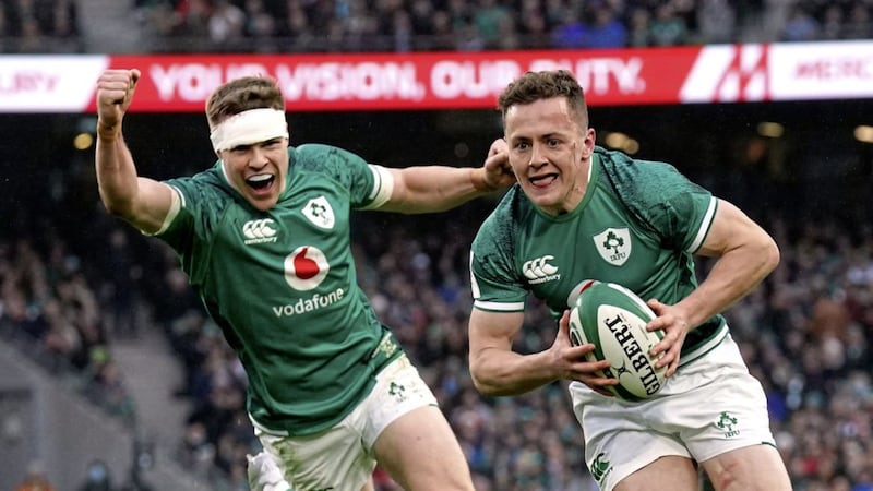 Ulster&#39;s Michael Lowry runs in to score ireland&#39;s third try as Garry Ringrose (left) celebrates during the Guinness Six Nations match against Italy at the Aviva Stadium Picture: Brian Lawless/PA Wire. 