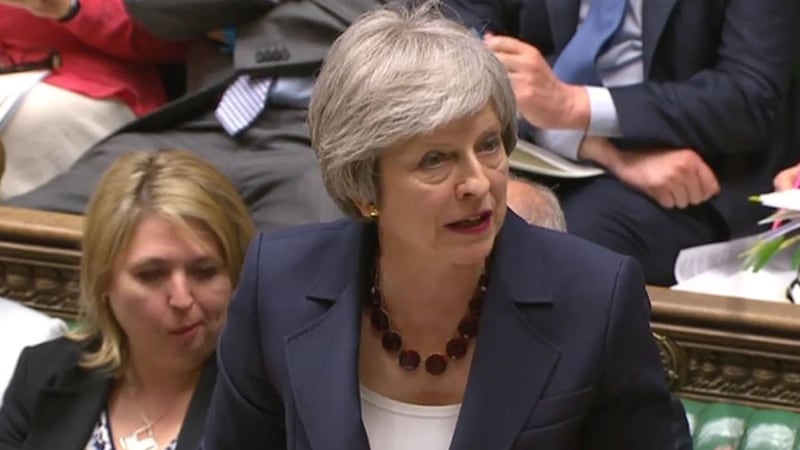 Theresa May speaking today during Prime Minister's Questions in the House of Commons, London&nbsp;