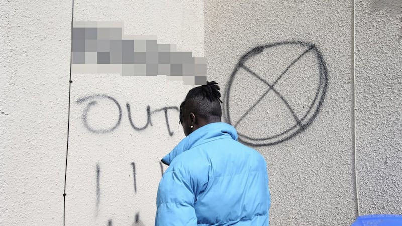 Racist graffiti has been painted on a man&#39;s home on Graymount Parade in north Belfast. Picture by Mal McCann 