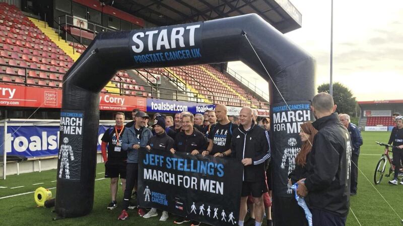 Jeff Stelling (centre) with Colin Murray, Carl Frampton, and Iain Dowie at Seaview for the start of the Belfast leg of the Sky Sports man&#39;s four marathons for Prostate Cancer UK. 