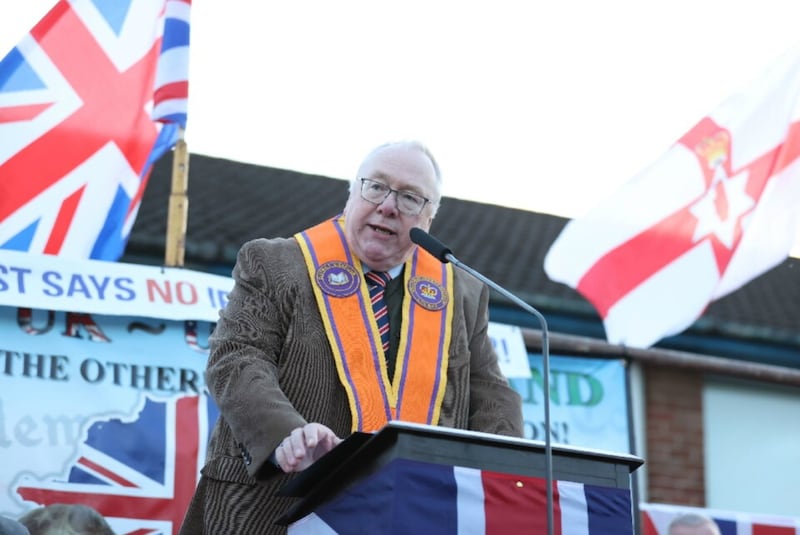 Orange Order Grand Secretary Mervyn Gibson speaking at a rally protesting the post-Brexit Northern Ireland Protocol. Picture by Liam McBurney/PA