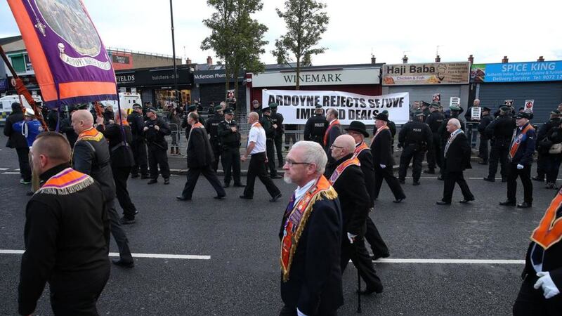 The Orange Order march up the Crumlin Road as Greater Ardoyne Residents&#39; Collective protest at Ardoyne shops. Picture by Mal McCann 