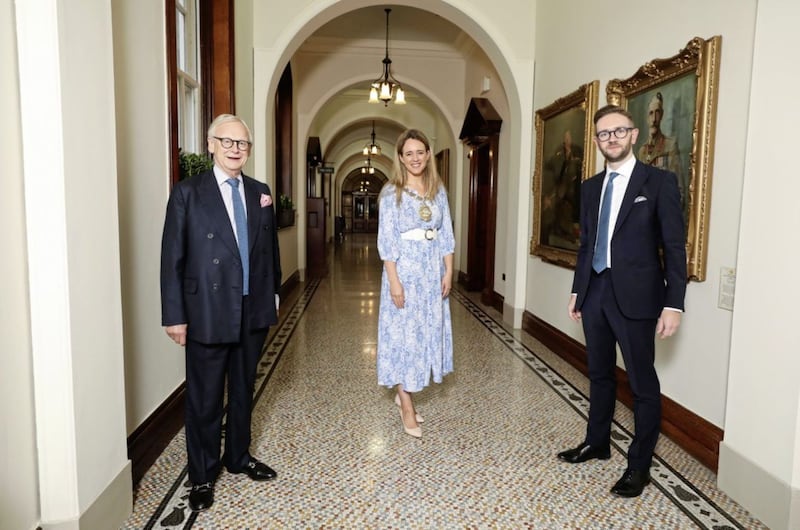 Lord Mayor of Belfast Councillor Kate Nicholl pictured with Lord Deben and Chris Stark from The Climate Change Committee 