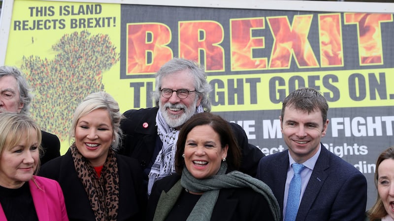 Sinn F&eacute;in leader Mary Lou McDonald (centre) deputy leader Michelle O'Neiil (second left) and former leader Gerry Adams attend the unveiling of a Border Communities Against Brexit poster at a demonstration in Carrickcarnon on the border, ahead of the UK leaving the European Union at 11pm tonight. Picture by Brian Lawless/PA Wire&nbsp;
