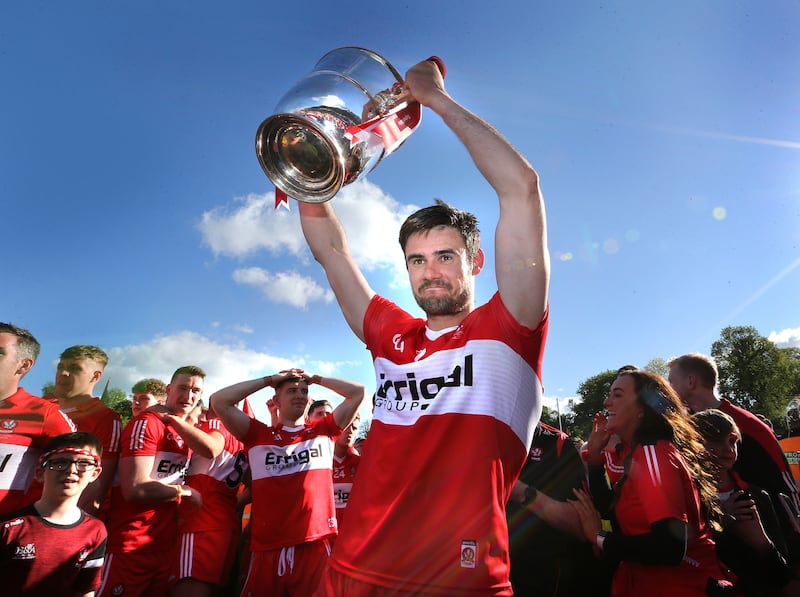 Derry captain Chrissy McKaigue with the Anglo-Celt Cup in 2022