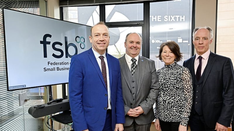 Secretary of State Chris Heaton-Harris pictured at the FSB pffices in Belfast with (from left) Alan Lowry, FSB regional policy chair; Patricia O`Hagan, Core Systems; and Roger Pollen, head of FSB NI 