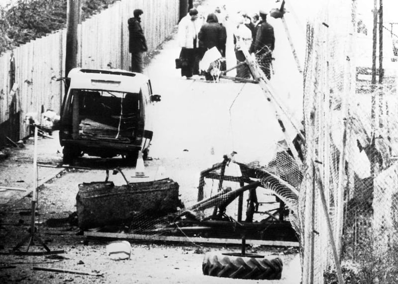The scene following an IRA attack on Loughgall RUC station, County Armagh, in May 1987